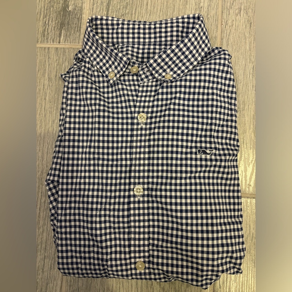 Boys small LS vineyard vine navy and white check long sleeve shirt